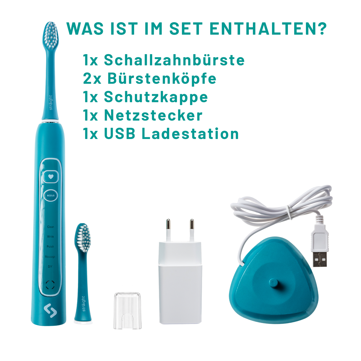 Grünes sträight Single-Set mit Handstück, insgesamt zwei Bürstenköpfen, Schutzkappe, USB-Ladestation und Netzstecker.