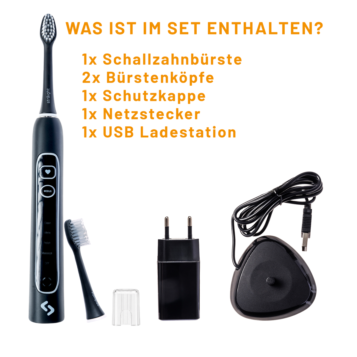 Schwarzes sträight Single-Set mit Handstück, insgesamt zwei Bürstenköpfen, Schutzkappe, USB-Ladestation und Netzstecker.